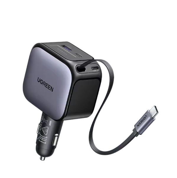 60W Car Charger Retractable Cable USB-A USB-C