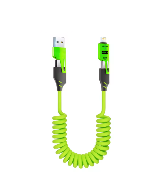 4-in-1 Fast-Charging Spring Lightning Type-C USB-A Cable